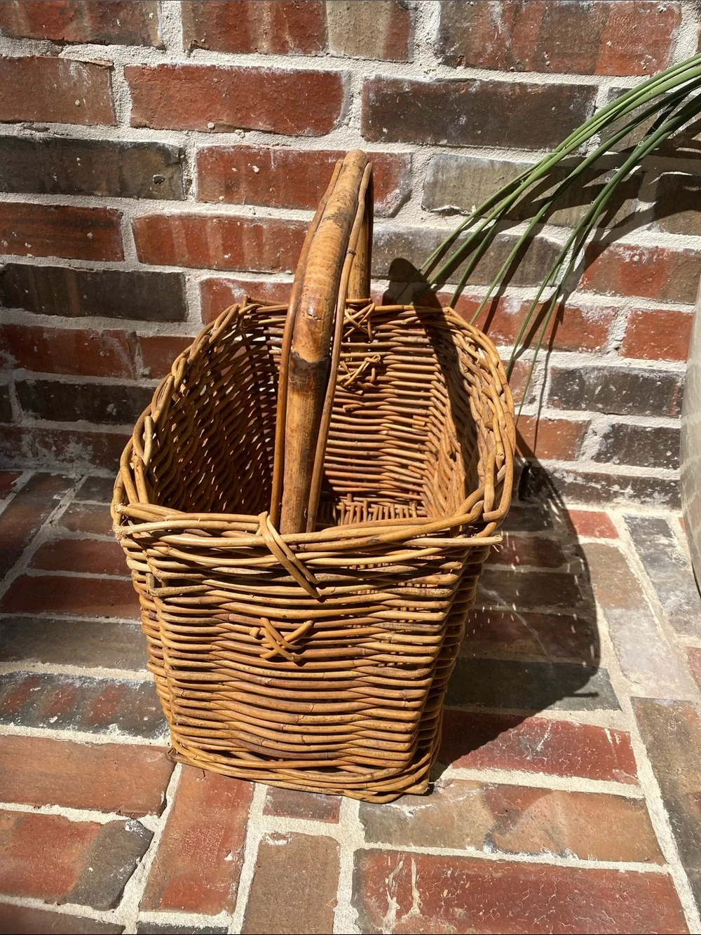 Vintage Woven Rattan Gathering Basket with Bamboo Handle in Natural Brown
